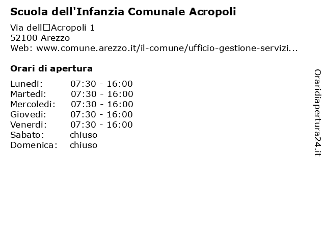 Orari di apertura Scuola dell Infanzia Comunale Acropoli